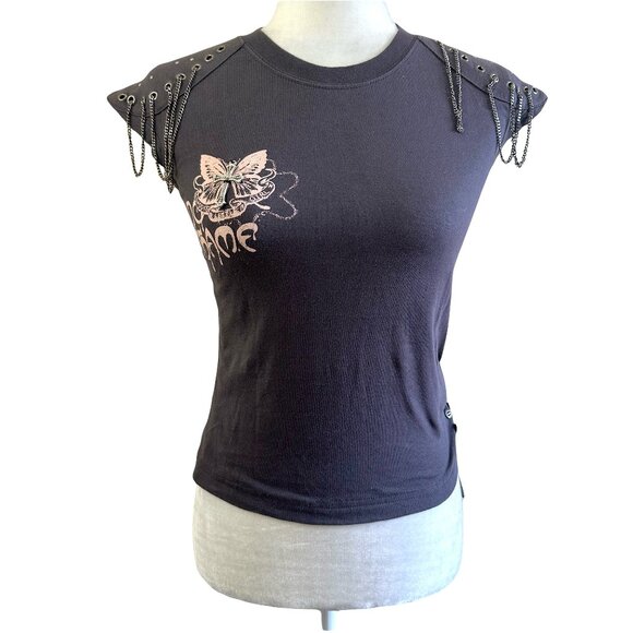 Vintage Tops - Only The Unlimited Labels Vtg Y2K 2000s Gray Pink Embellished Punk Shirt